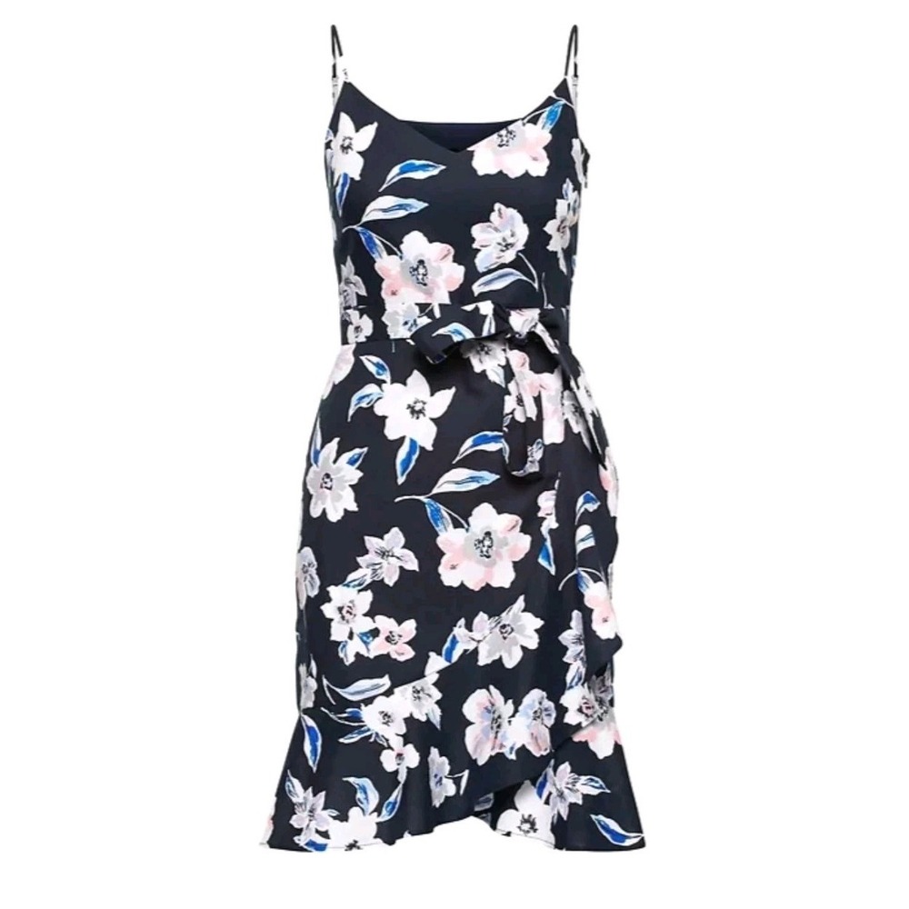 Banana Republic Linen Blend Dress Sz 14‎ Floral Wrap Navy Blue Wedding Guest